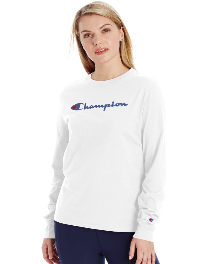 Champion Classic Long-Sleeve Script Logo - Naisten Valkoinen T-Paita - Suomi 0539486-PU